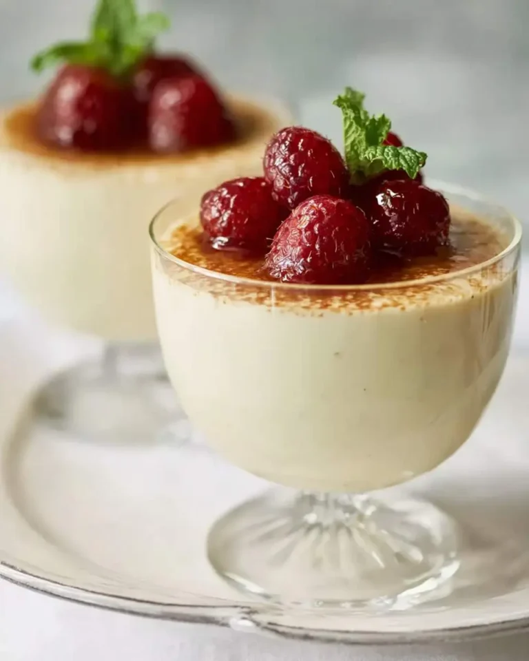 Goat Cheese Puddings topped with caramelized sugar, fresh raspberries, and mint in elegant glass dishes.
