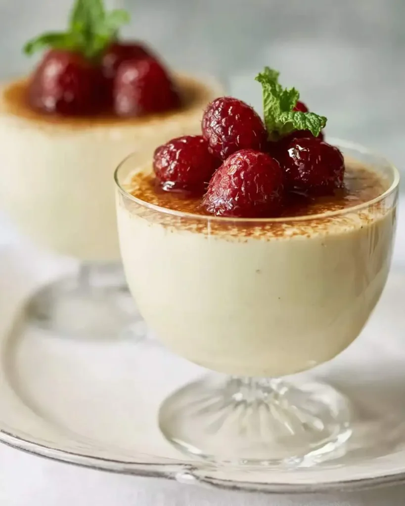 Goat Cheese Puddings topped with caramelized sugar, fresh raspberries, and mint in elegant glass dishes.