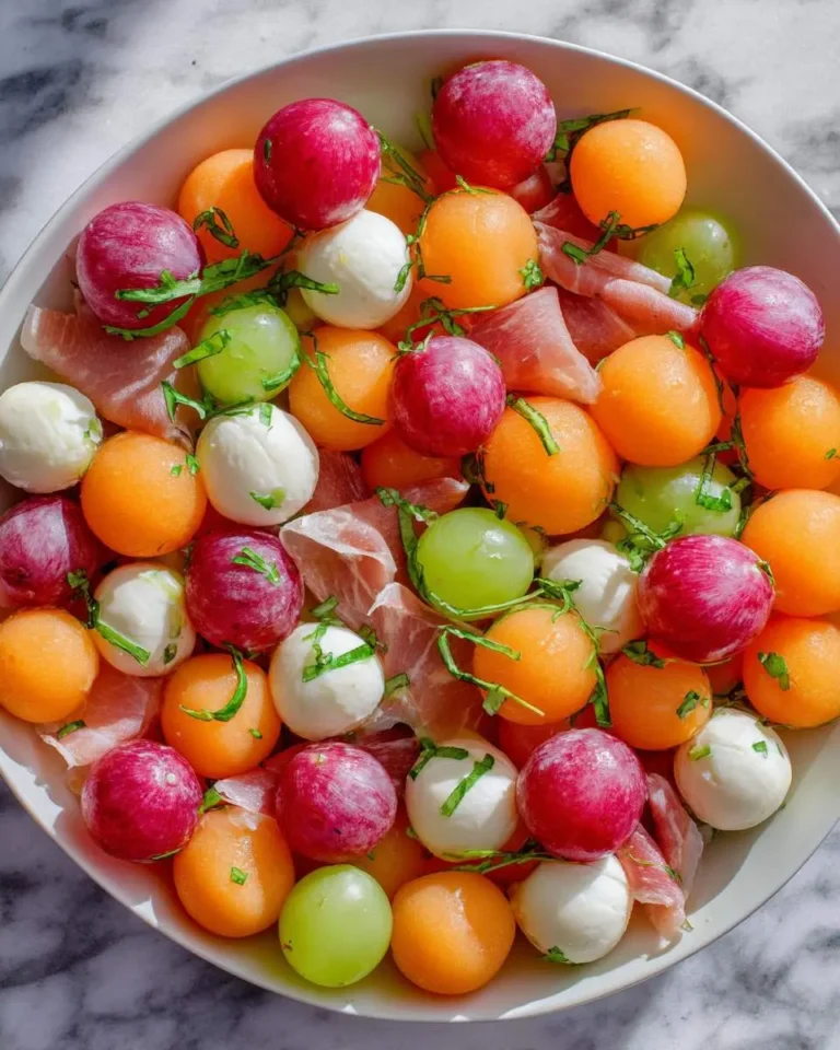 Colorful Grape & Melon Ball Salad with prosciutto, mozzarella, and fresh basil in a white bowl.