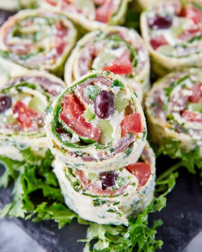 Colorful Greek salad pinwheels stacked on fresh greens, featuring feta, tomatoes, cucumbers, olives, and herbs in a spiral tortilla wrap.