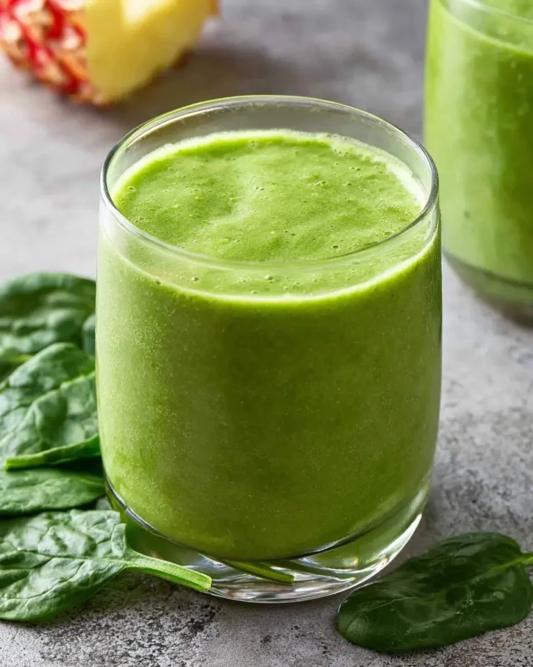 A glass of green spinach smoothie surrounded by fresh spinach leaves and pineapple in the background.