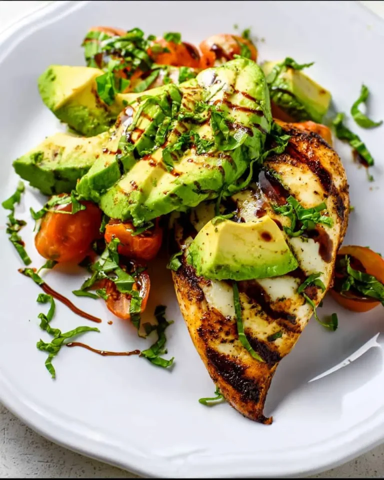 Grilled California Avocado Chicken topped with fresh avocado slices, mozzarella, tomatoes, basil, and balsamic glaze on a white plate.