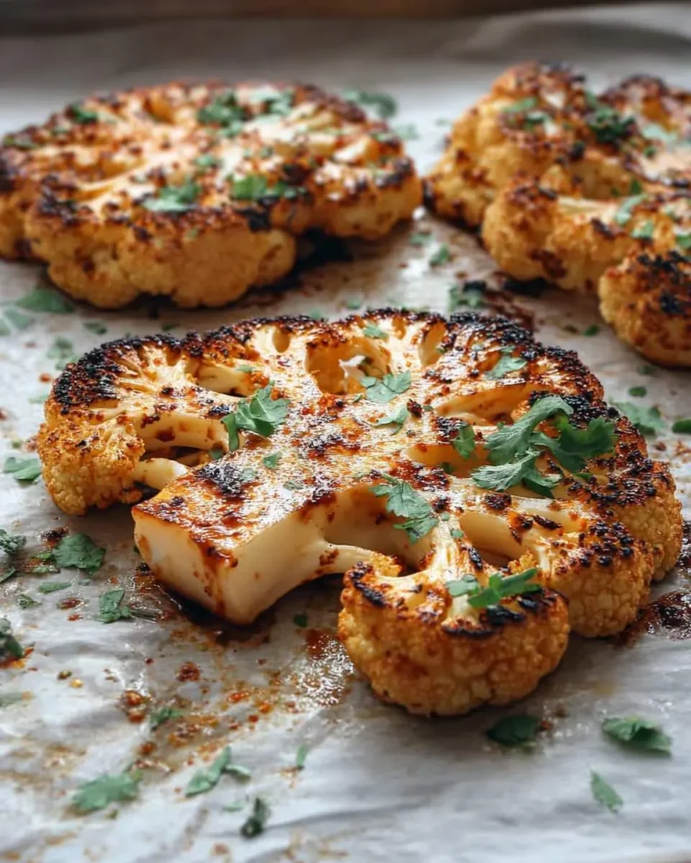 Golden brown grilled cauliflower steaks topped with fresh herbs on parchment paper.