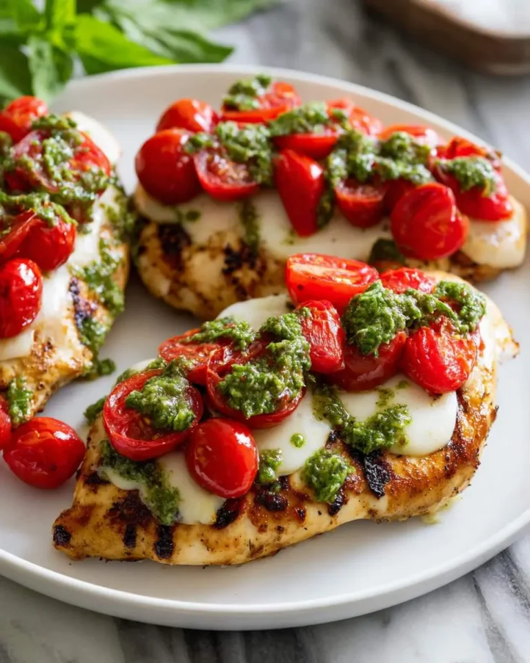 Grilled Chicken Margherita topped with melted mozzarella, cherry tomatoes, and fresh pesto on a white plate.