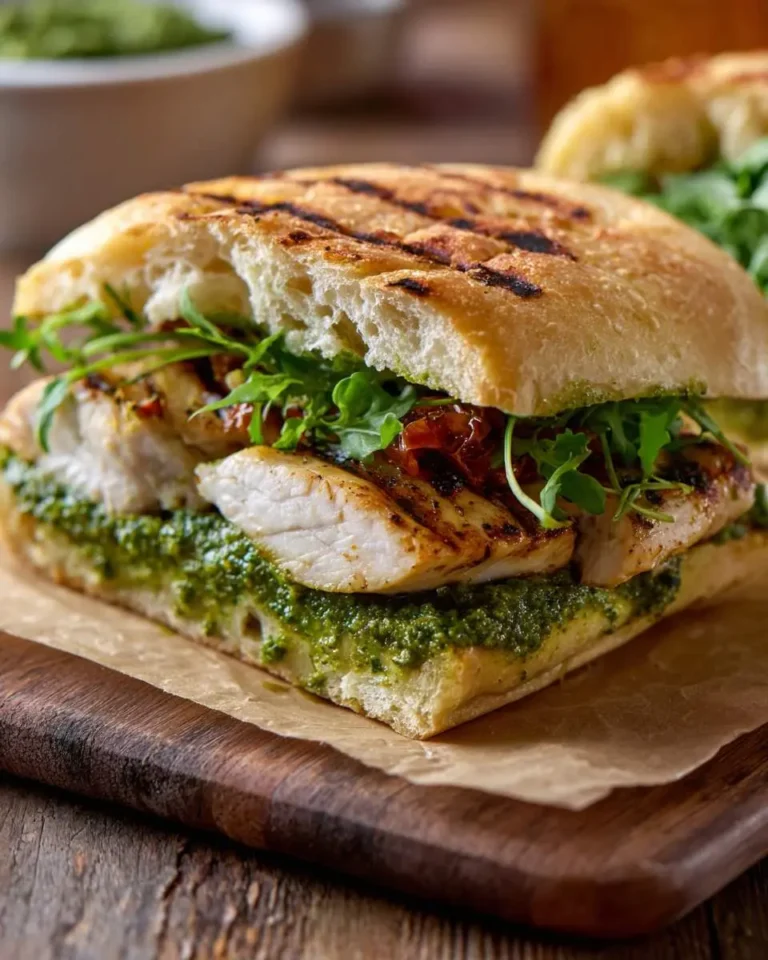 Grilled Chicken Pesto Sandwich with fresh arugula and sun-dried tomatoes on toasted ciabatta bread.