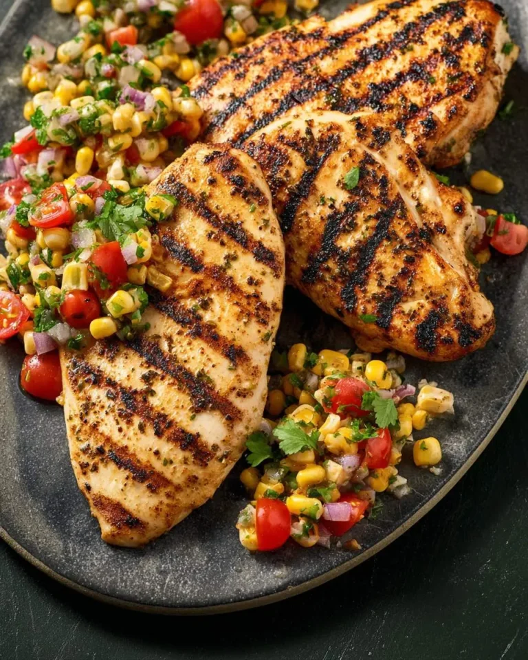 Three pieces of grilled chicken with corn salsa featuring tomatoes, cilantro, and red onion on a dark plate.