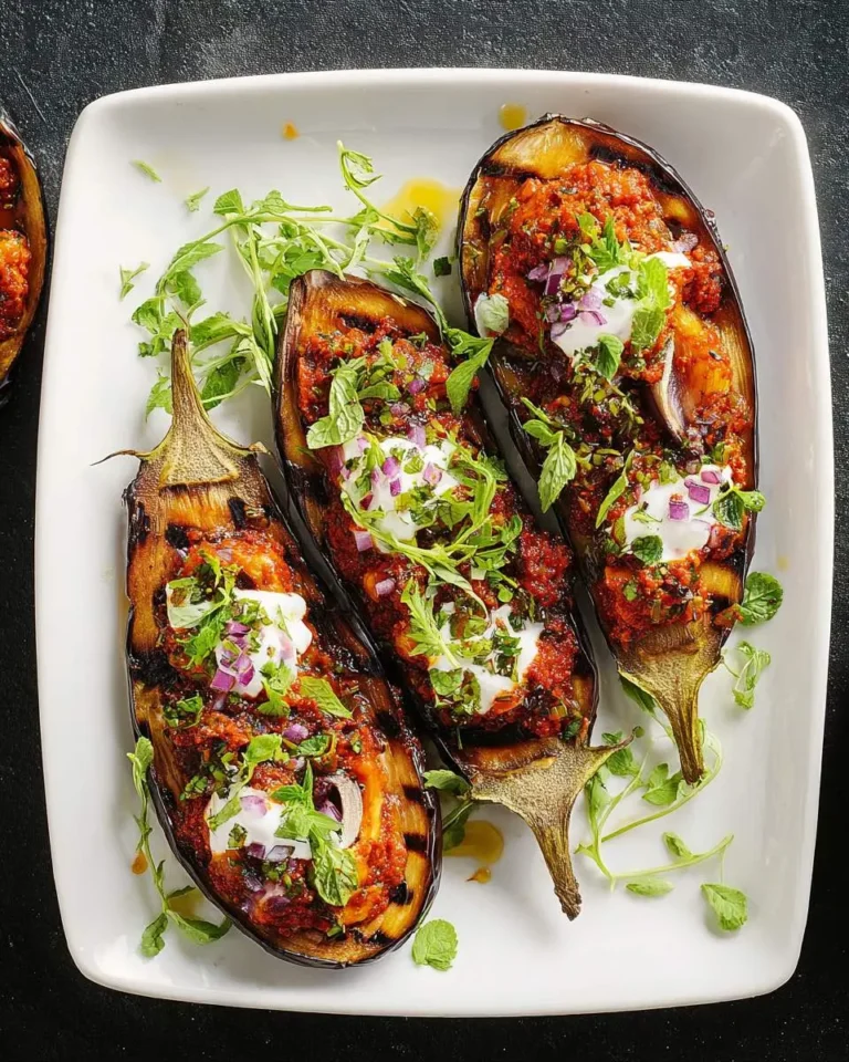Three grilled eggplant halves topped with harissa, yogurt, fresh herbs, and red onion on a white rectangular plate.