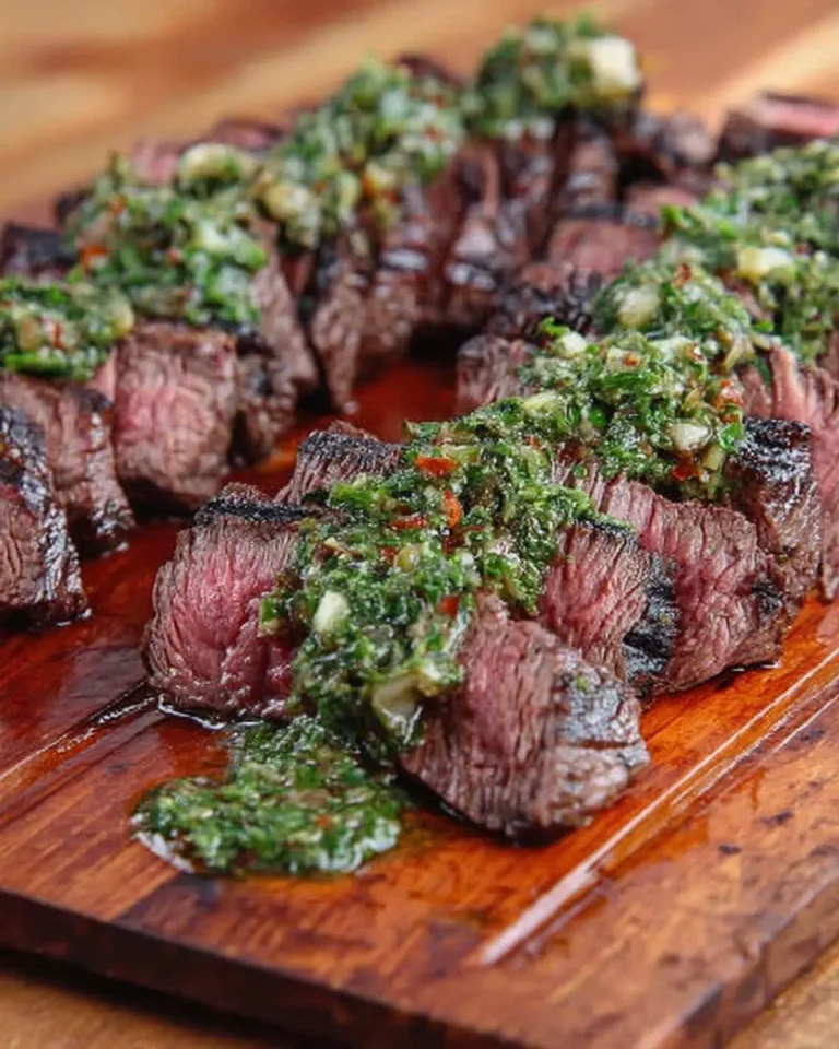 Sliced grilled hanger steak with chimichurri sauce drizzled on top, served on a wooden cutting board.