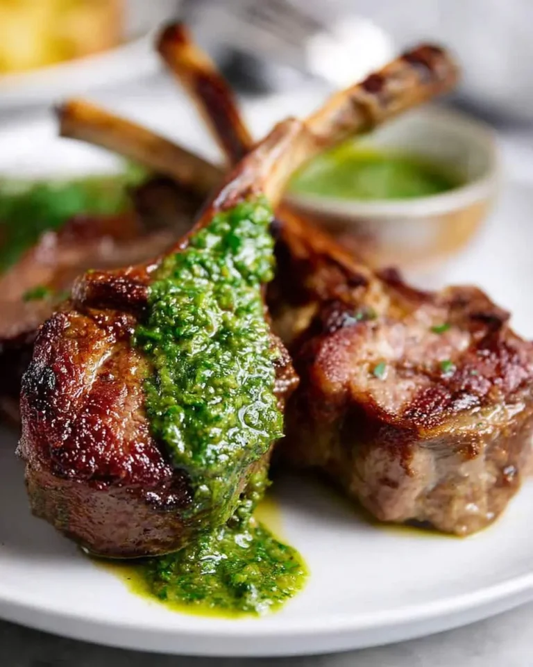 Grilled Lamb Chops with Mint Sauce served on a white plate with fresh green herb sauce drizzled over the meat.
