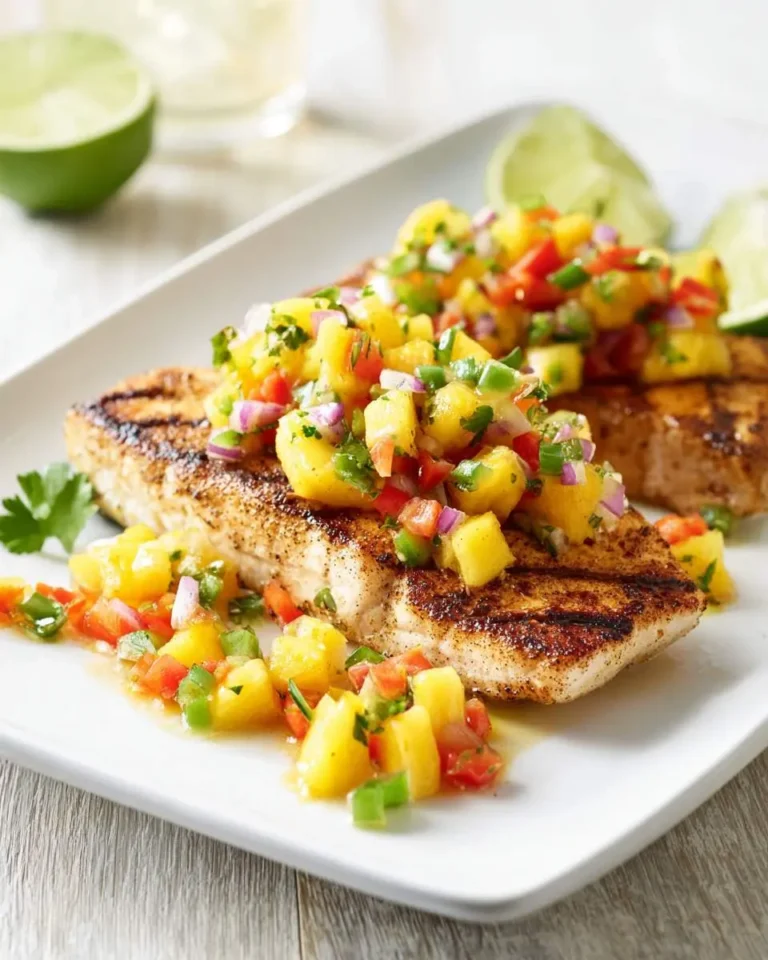 Grilled Mahi Mahi with Pineapple Salsa served on a white plate with lime wedges and fresh cilantro.