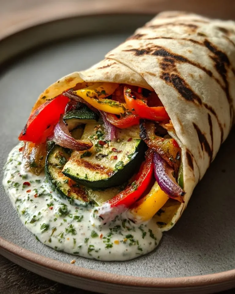 Grilled Mediterranean Veggie Wrap with Zesty Herb Sauce served on a plate with creamy herb drizzle and colorful grilled vegetables.
