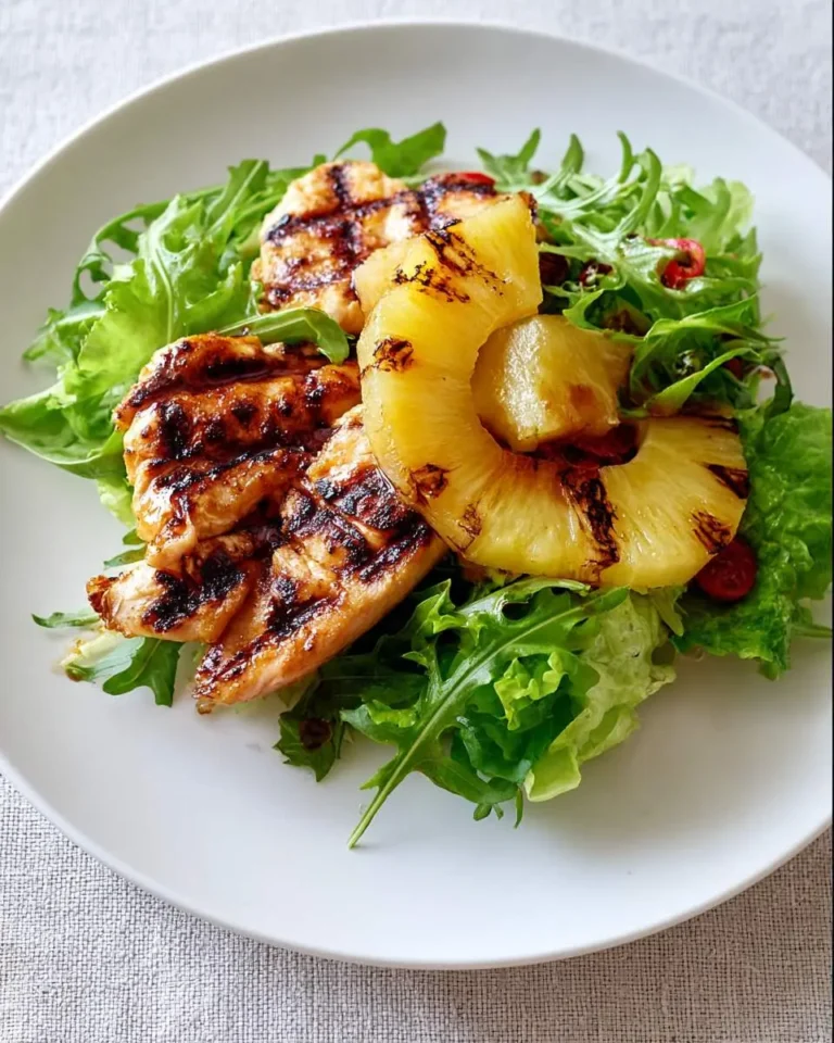 Grilled Pineapple Chicken Salad with charred chicken breast, caramelized pineapple rings, and fresh greens on a white plate.