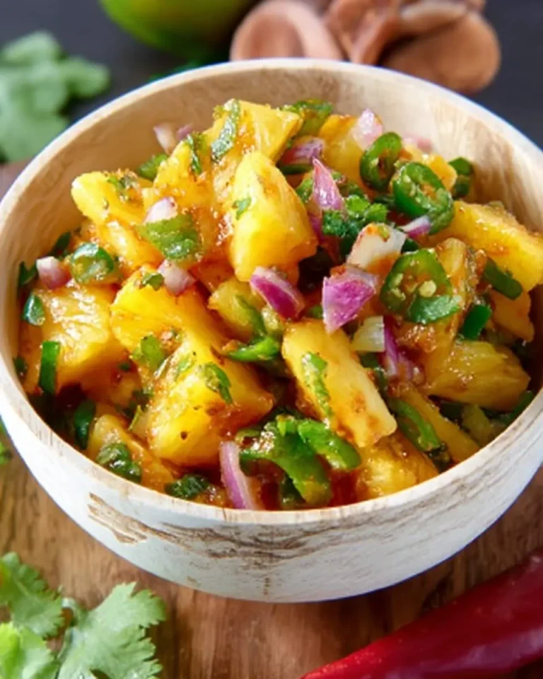 Grilled pineapple salsa with red onion, jalapeño, and cilantro served in a rustic wooden bowl.