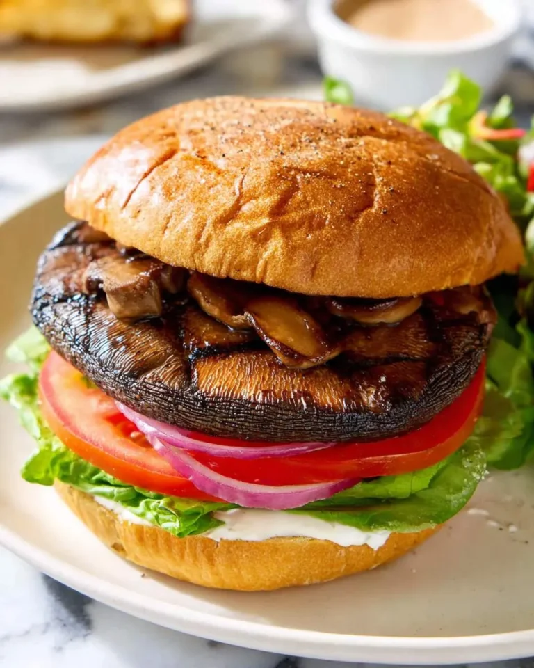 Grilled Portobello Mushroom Burger with lettuce, tomato, onion, and mushrooms on a toasted bun.