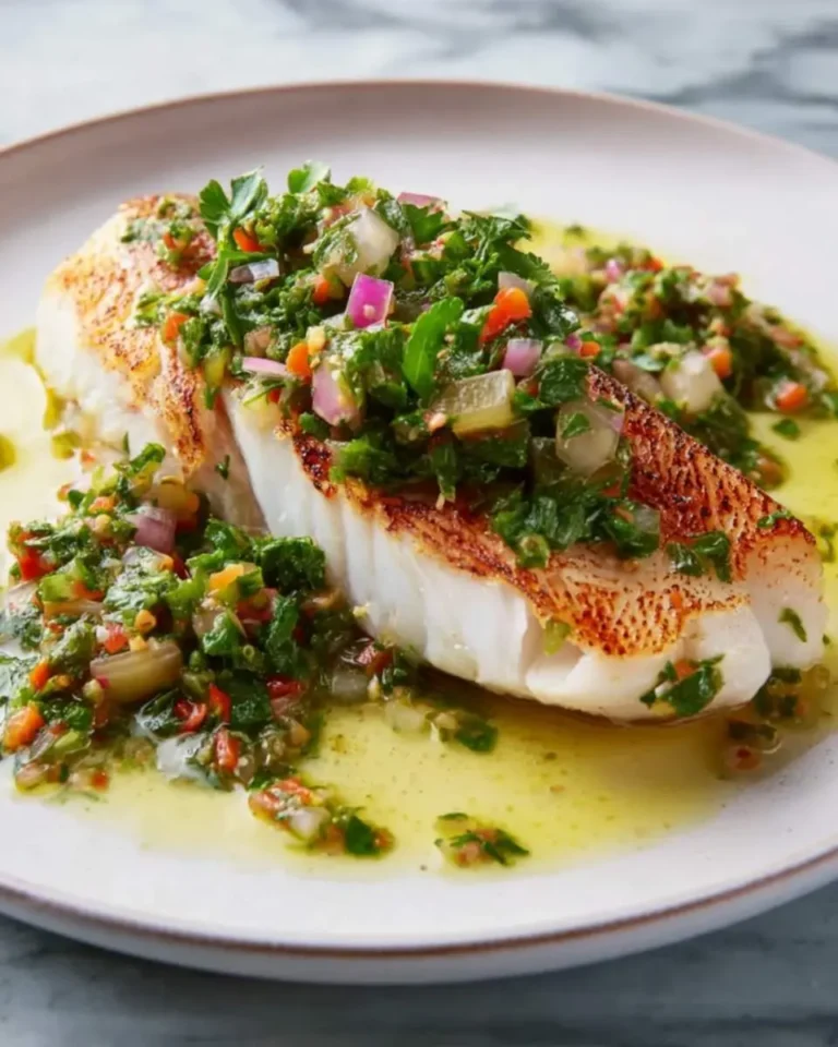 Grilled Red Snapper with Salsa Verde topped with fresh herb sauce on a white plate.
