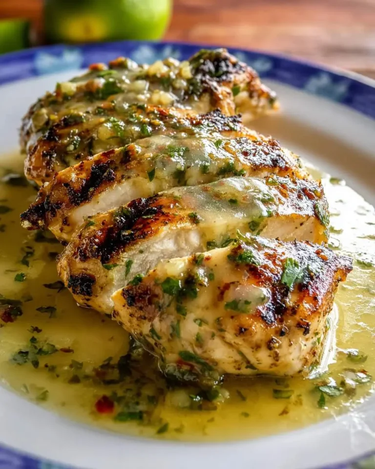 Grilled Salsa Verde Pepper Jack Chicken with melted cheese, charred edges, and green herb sauce on a plate.
