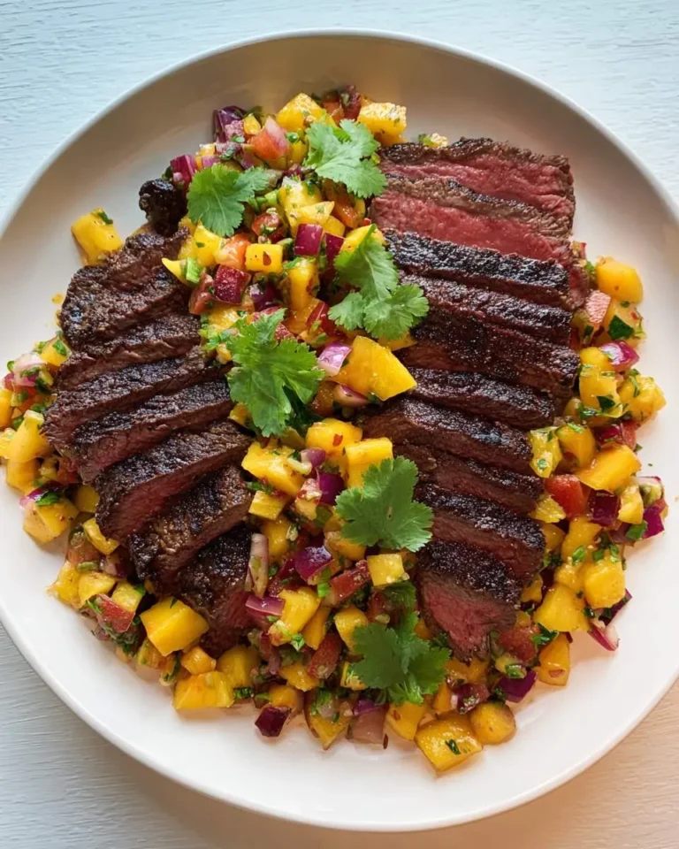 Grilled Skirt Steak with Peach Salsa served on a white plate, topped with fresh cilantro leaves.