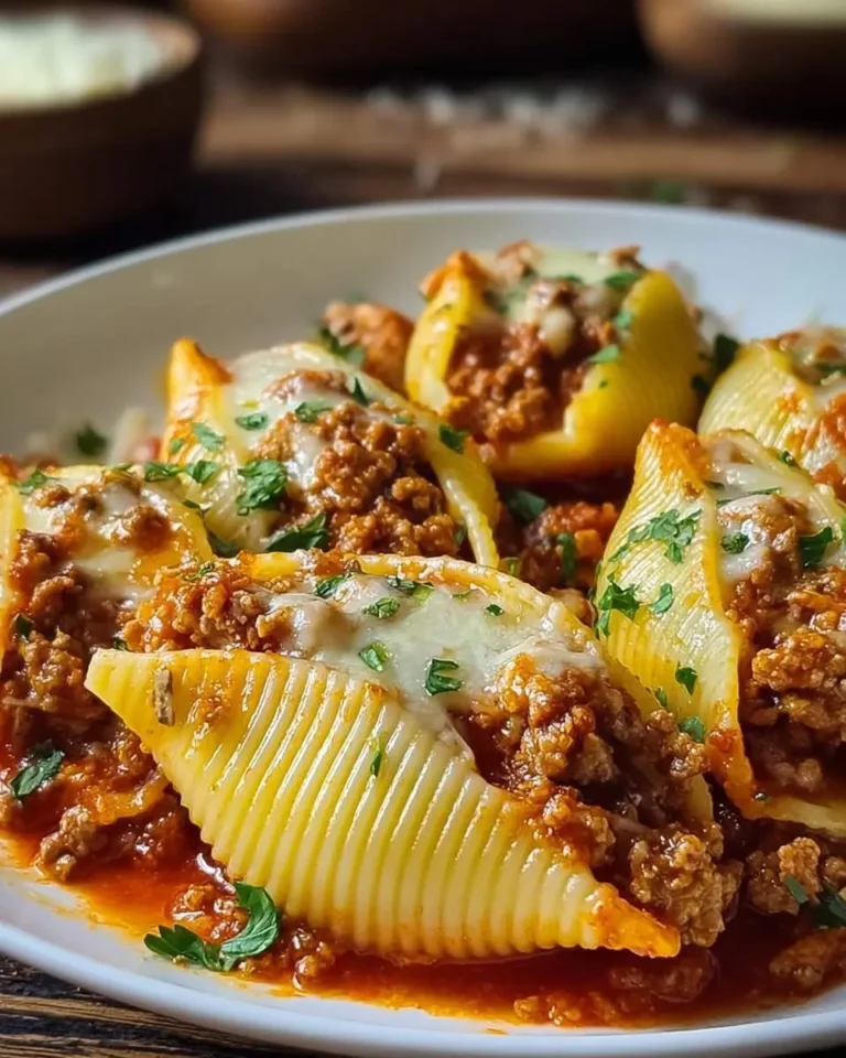 Ground Beef Stuffed Shells baked with marinara sauce and melted cheese on a white plate.