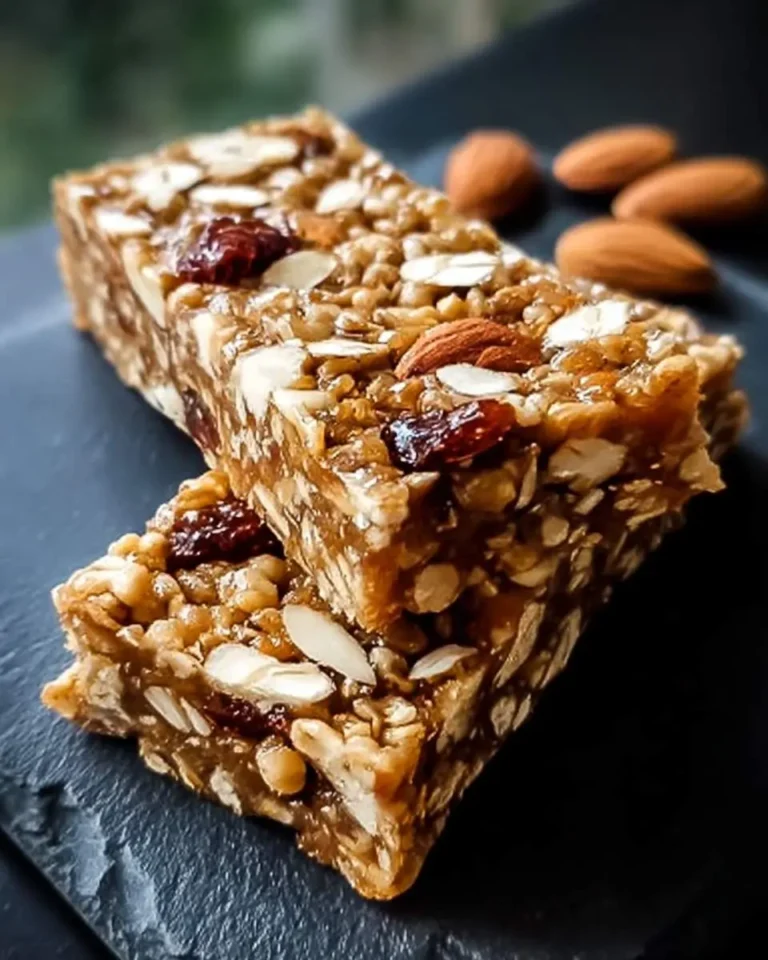 Two stacked honey almond granola bars with visible oats, sliced almonds, and dried cranberries on a dark slate surface.