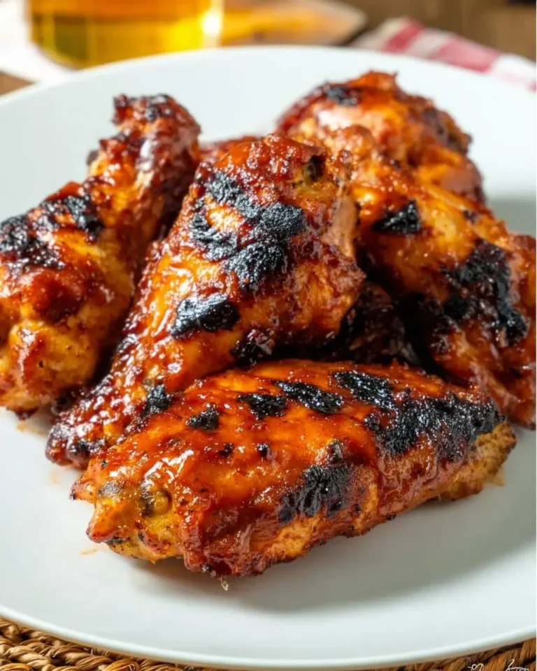 Honey Bourbon Grilled Chicken Wings on a white plate with charred caramelized glaze.