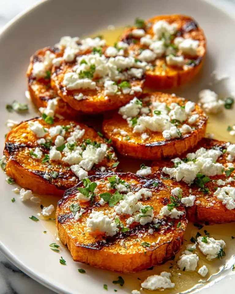 Grilled Honey Feta Sweet Potato Rounds topped with crumbled feta cheese and fresh herbs on a white plate.