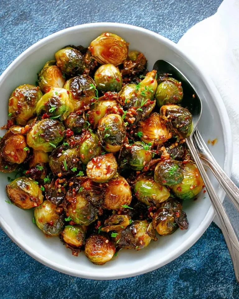 A white bowl filled with roasted Honey Sriracha Brussels Sprouts garnished with herbs and red pepper flakes.