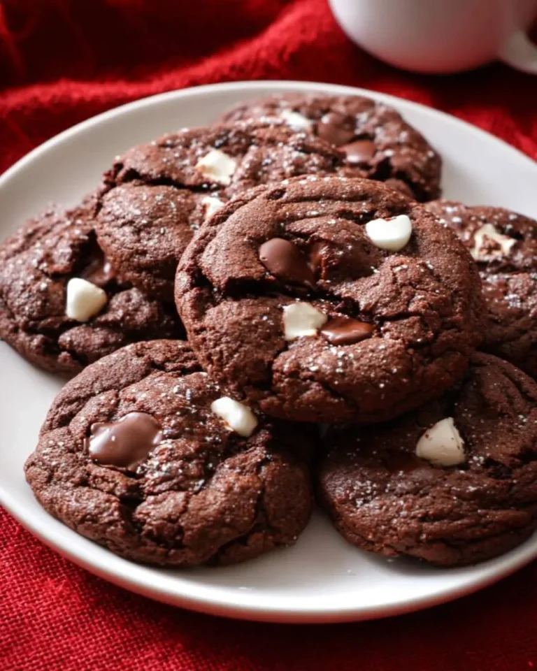 A plate of rich Hot Chocolate Cookies with chocolate chips and white chocolate chunks on a red tablecloth.