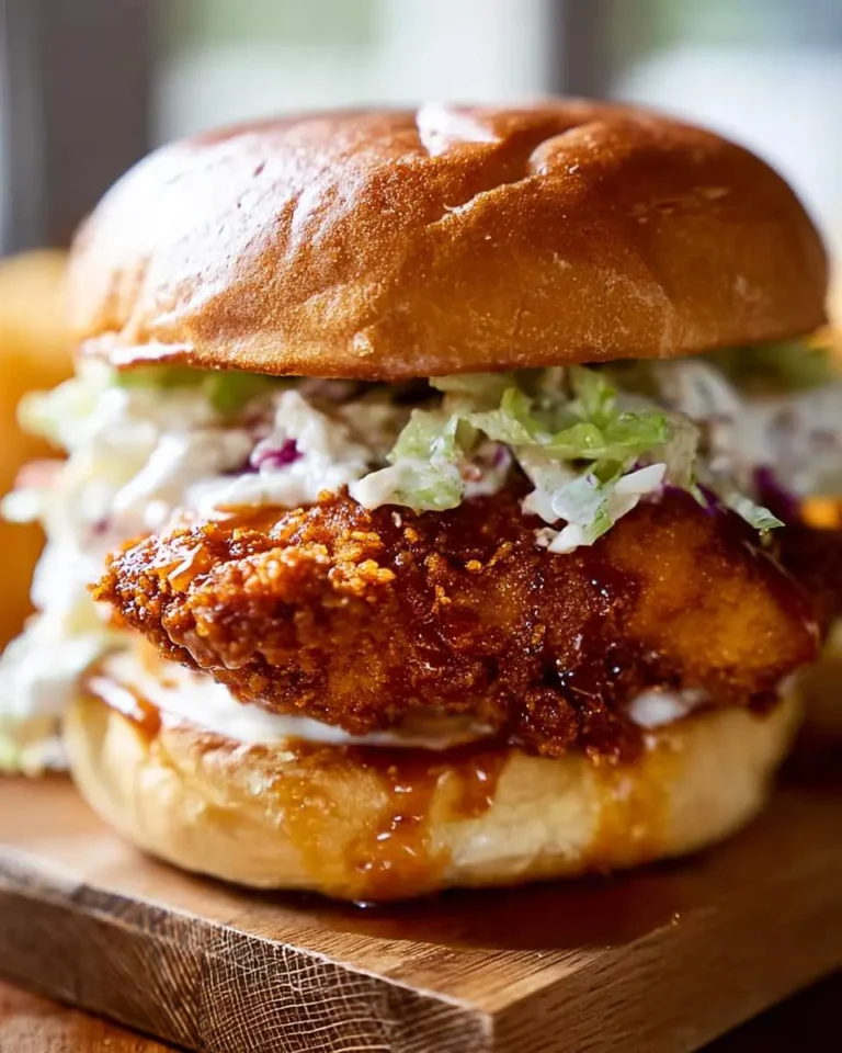 A crispy Hot Honey Chicken Sandwich topped with creamy coleslaw on a toasted brioche bun.