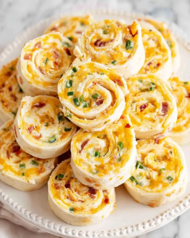 A stack of Jalapeno Popper Pinwheels on a white plate, showing colorful swirls of cheese, bacon, and green onions.