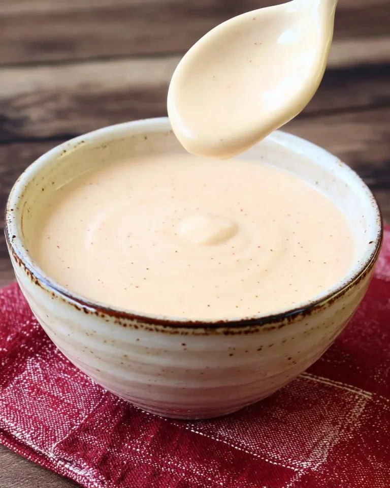 A ceramic bowl filled with creamy Japanese Steakhouse White Sauce with a spoon dripping the sauce.