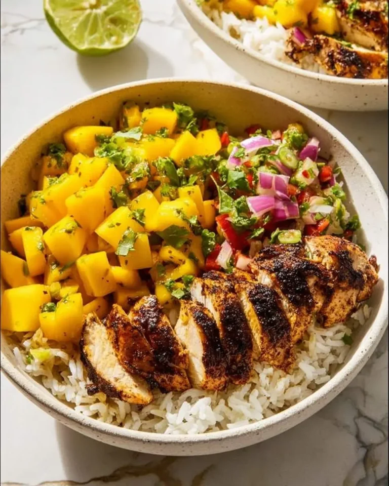 Jerk Chicken Bowls with Mango Salsa and Coconut Rice served in a ceramic bowl with grilled chicken, fresh mango, and herbs.