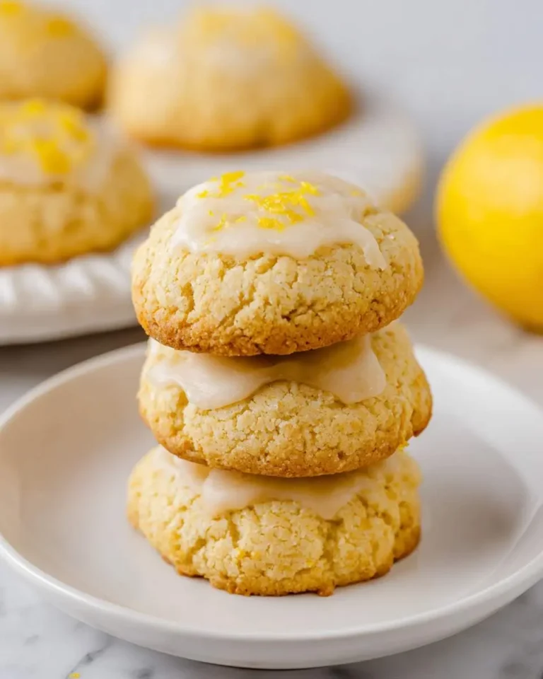 Three Keto Lemon Cookies stacked on a white plate, topped with lemon glaze and zest.