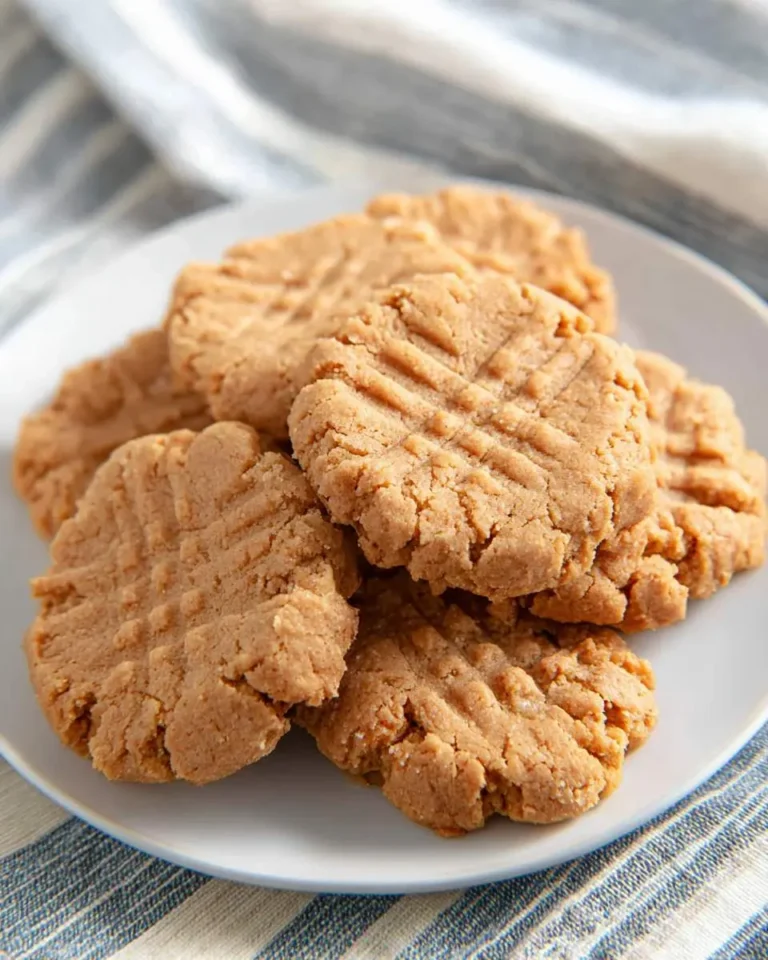 A stack of golden brown Keto Peanut Butter Cookies with classic fork marks on a white plate.
