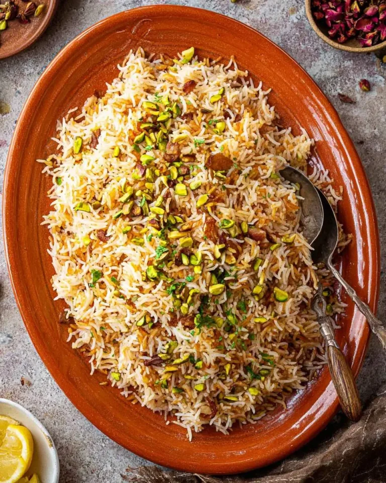 Lebanese rice pilaf served on a terracotta platter topped with pistachios and herbs, with serving spoons.