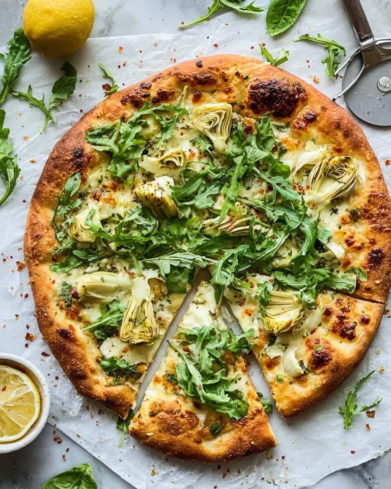 Freshly baked Lemon Artichoke Arugula Pizza topped with artichoke hearts, arugula, and herbs on golden crust.