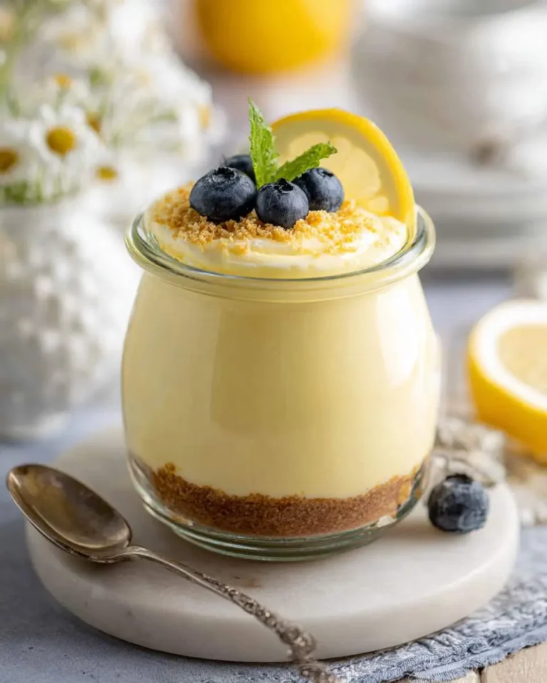 Creamy Lemon Curd Mousse in a glass jar topped with blueberries, mint, and a lemon slice.
