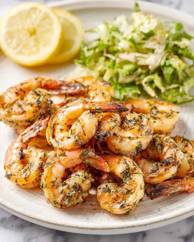 Lemon Herb Grilled Shrimp served on a white plate with fresh salad and lemon slices.