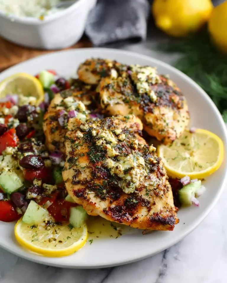 Grilled Lemon Oregano Chicken served on a white plate with fresh Greek salad and lemon slices.