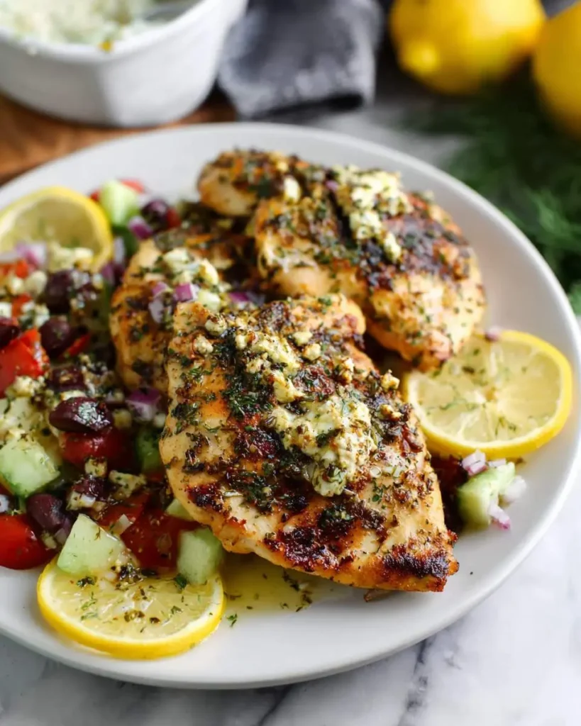 Grilled Lemon Oregano Chicken served on a white plate with fresh Greek salad and lemon slices.