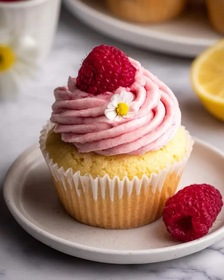 A single Lemon Raspberry Cupcake with pink frosting, fresh raspberry, and small daisy on a white plate.