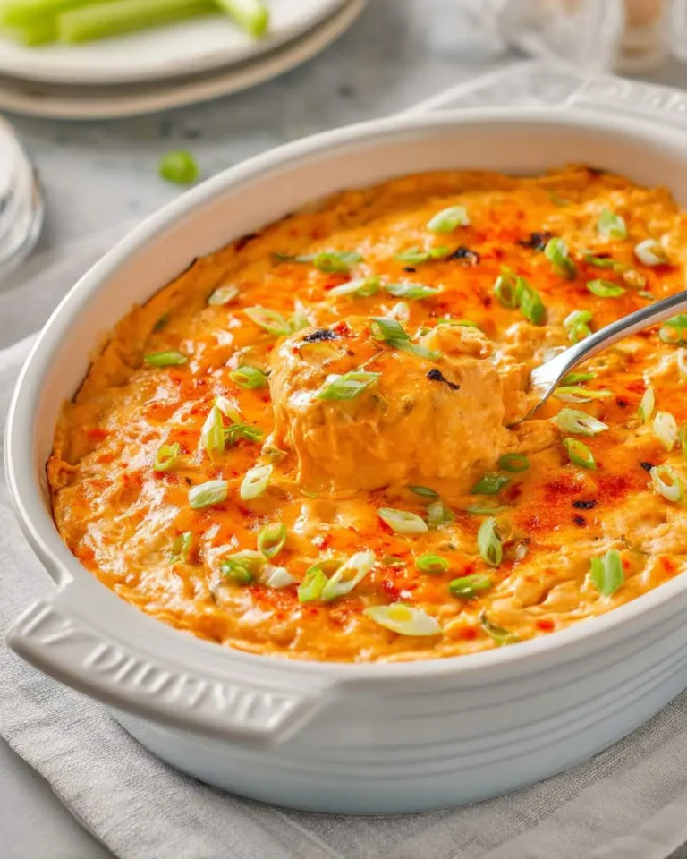Creamy low carb buffalo chicken dip in a white baking dish, topped with green onions and hot sauce, with a spoon lifting a portion.