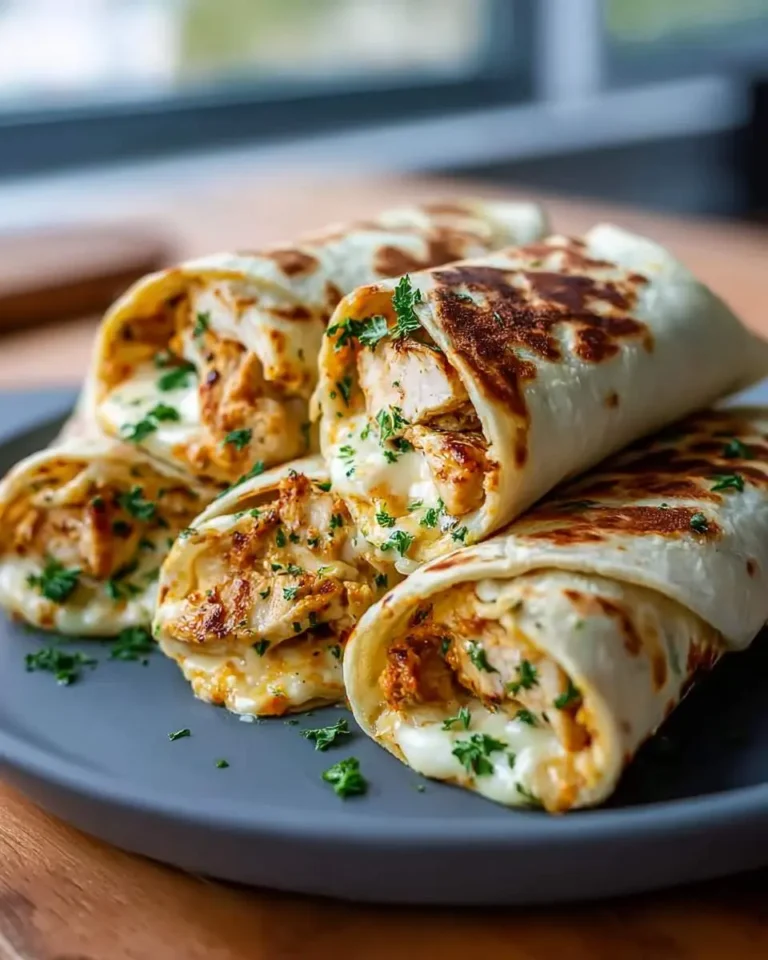 Golden grilled Low Carb Cheesy Garlic Chicken Wraps stacked on a gray plate, garnished with fresh herbs.