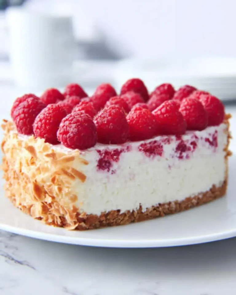 A beautiful Low Carb Raspberry Cheesecake topped with fresh raspberries and toasted coconut flakes on a white plate.