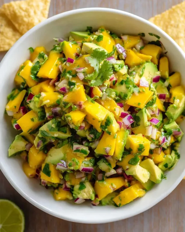 Fresh Mango Avocado Salsa with diced mango, avocado, red onion, and cilantro in a white bowl served with tortilla chips.