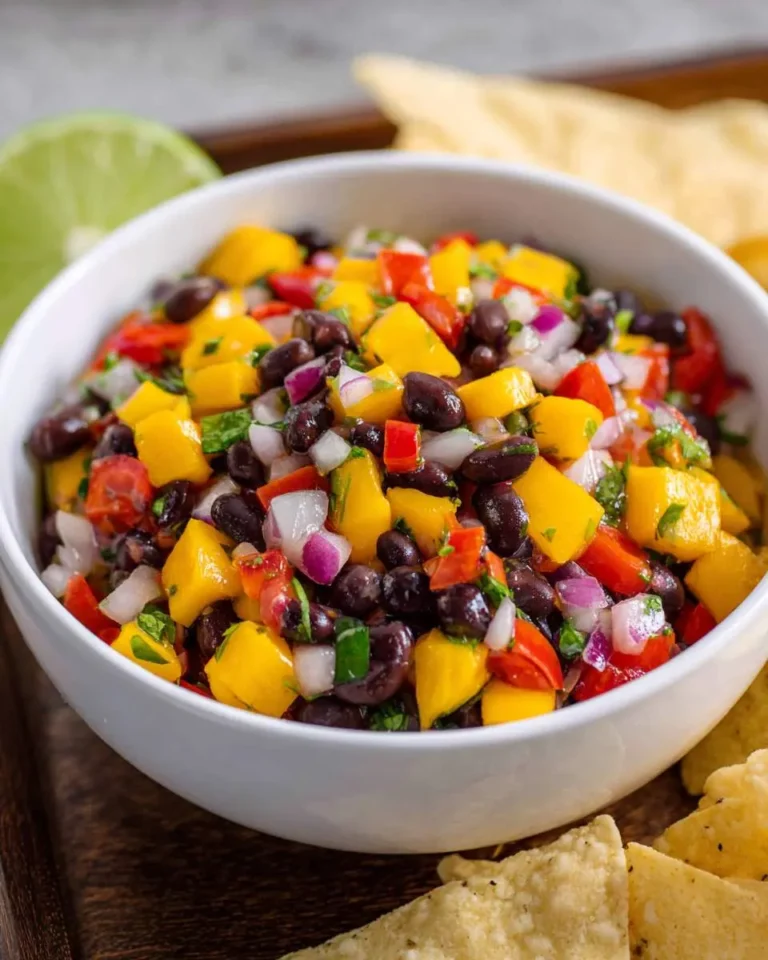 Fresh Mango Black Bean Salsa in a white bowl with tortilla chips and lime on a wooden surface.