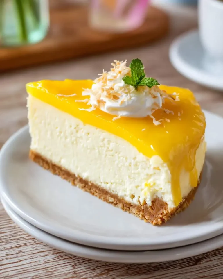 A slice of Mango Key Lime Cheesecake with graham cracker crust, topped with whipped cream, toasted coconut, and fresh mint.