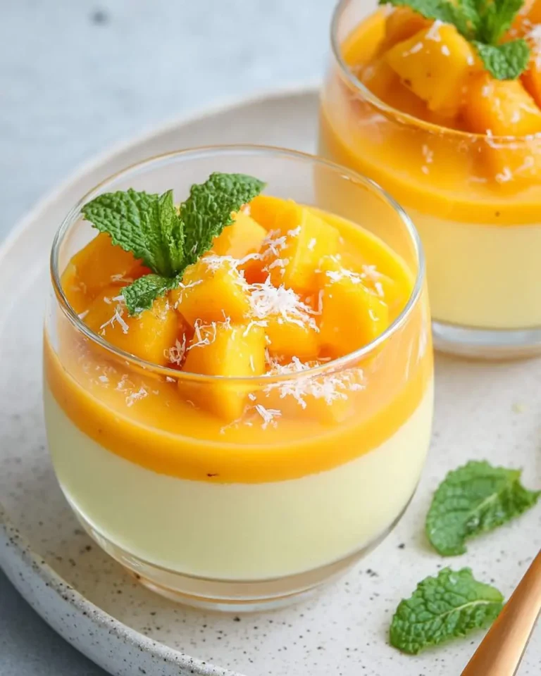Two glasses of layered Mango Panna Cotta topped with fresh mango chunks, coconut flakes, and mint leaves on a speckled plate.