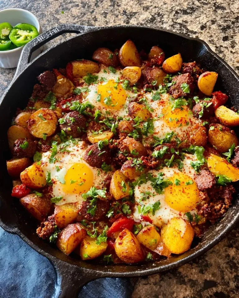 Maple Chorizo Breakfast Skillet with crispy potatoes, four sunny eggs, and fresh herbs in a cast iron pan.