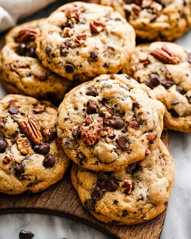 A stack of golden brown Maple Pecan Chocolate Chip Cookies topped with chocolate chips and pecan halves on a wooden board.