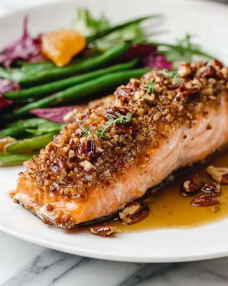 Maple Pecan Glazed Salmon fillet topped with crunchy pecans and herbs, served with green beans and citrus salad on a white plate.